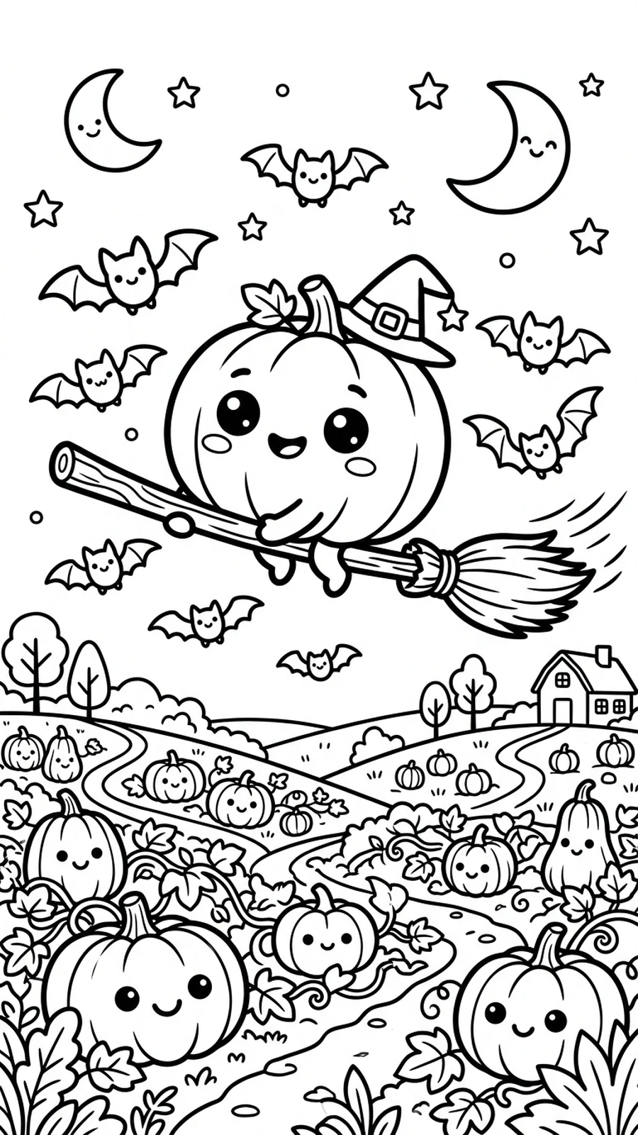 Coloriage citrouille kawaii sur un balai volant au-dessus d'un champ de citrouilles, chauves-souris autour