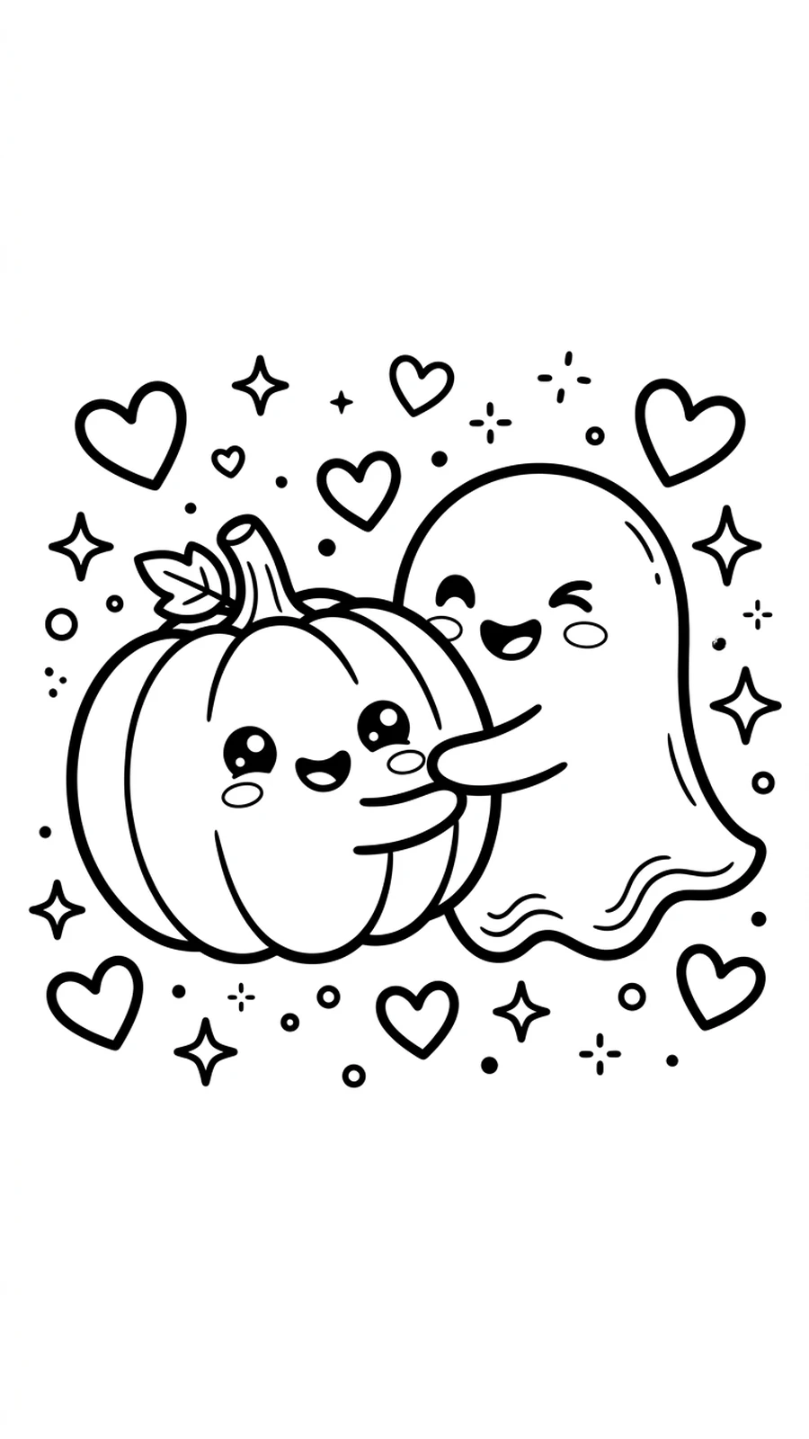 Coloriage citrouille kawaii qui fait un câlin à un fantôme souriant, cœurs et étoiles autour