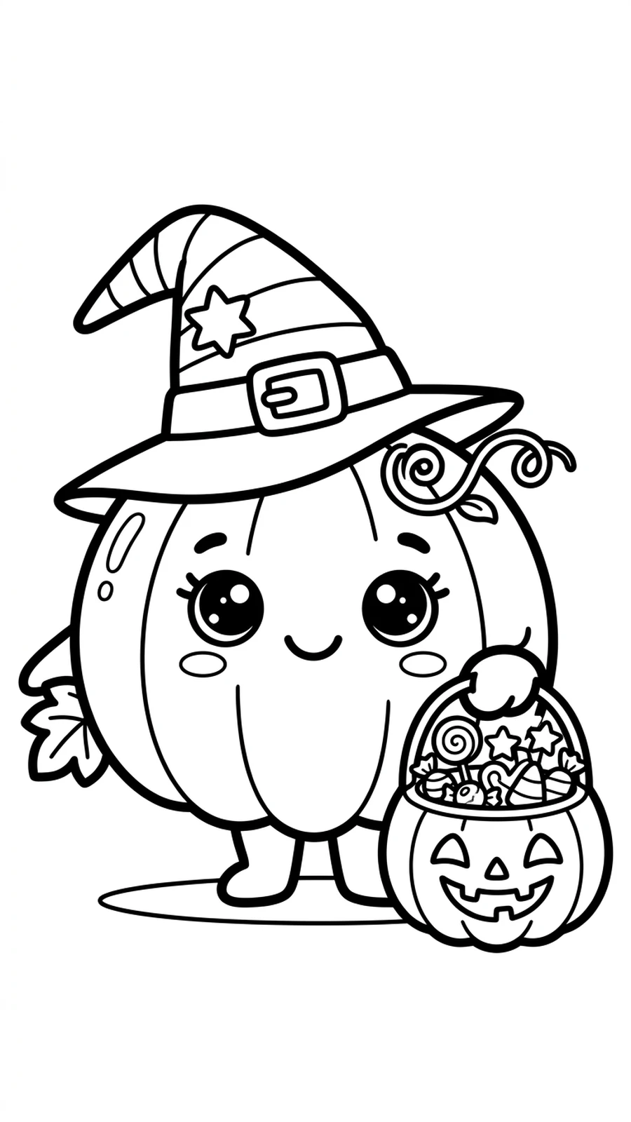 Coloriage citrouille kawaii avec un chapeau de sorcière tenant un seau de bonbons d'Halloween