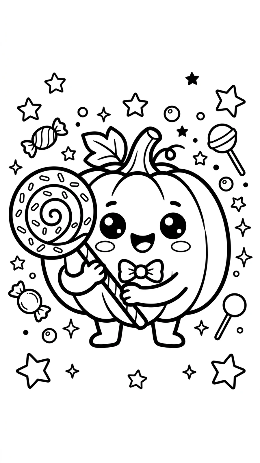 Coloriage citrouille kawaii tenant une grande sucette tourbillon, bonbons et étoiles autour