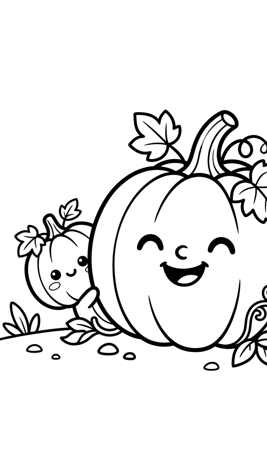 Coloriage petite citrouille kawaii qui se cache derrière une grande citrouille souriante, cache-cache