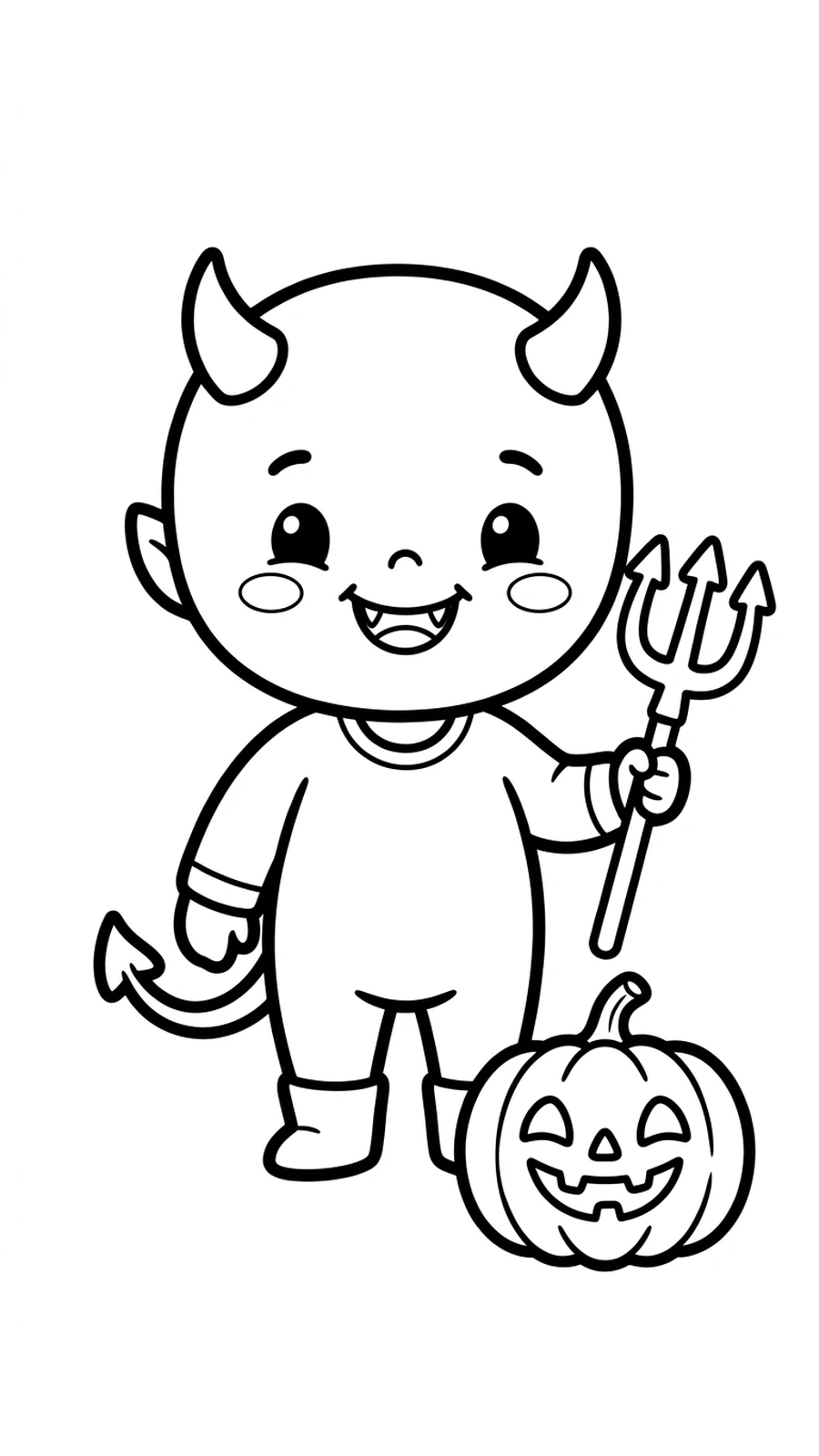 Coloriage diable kawaii avec une fourche, dessin Halloween mignon à imprimer