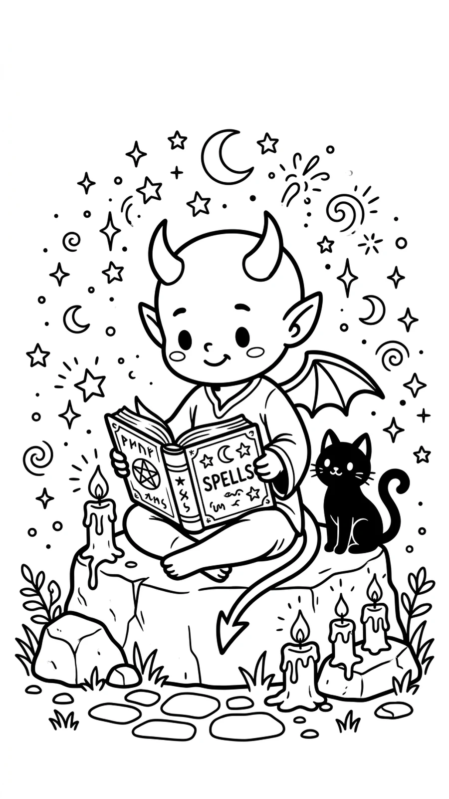 Coloriage diable qui lit un livre de sorts avec son chat noir, dessin facile