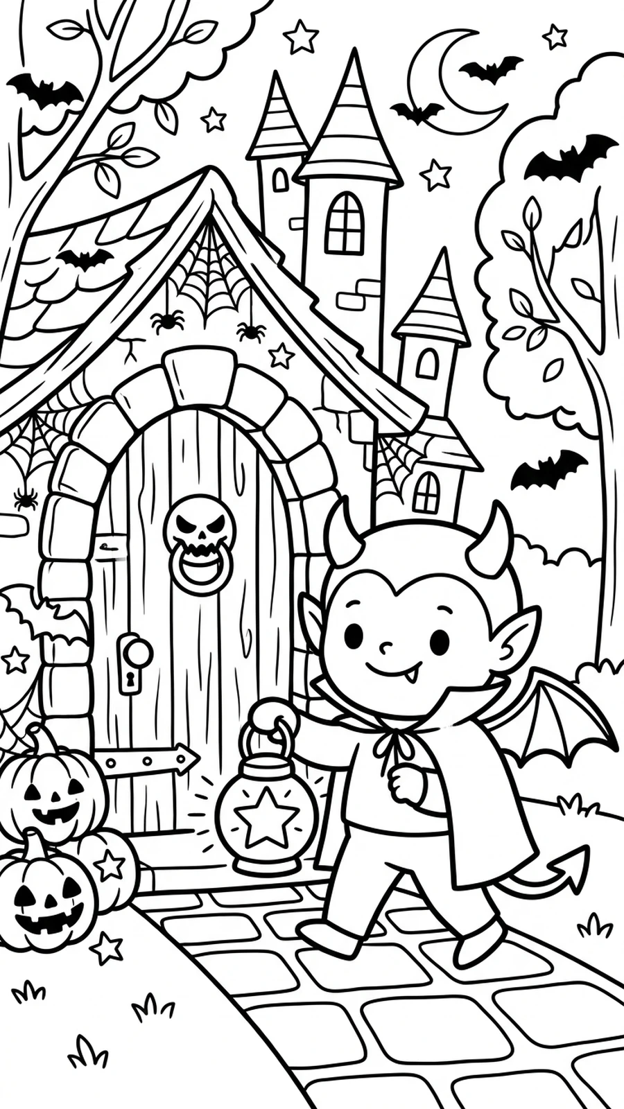 Coloriage diable tenant une lanterne étoilée devant une maison hantée