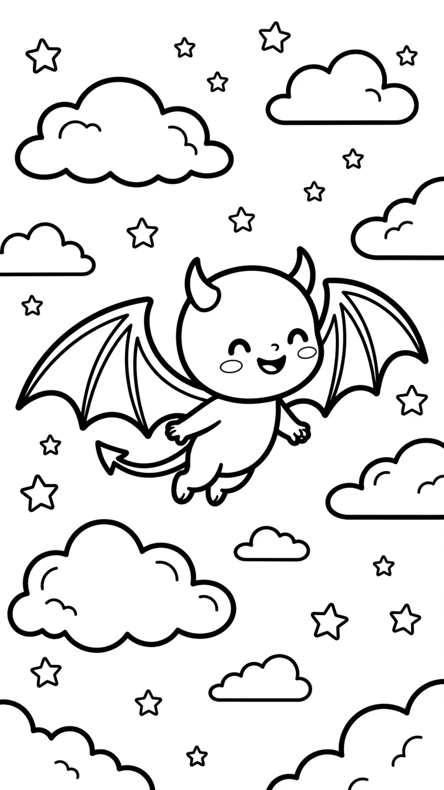 Coloriage diable aux ailes de chauve-souris volant parmi les nuages et les étoiles