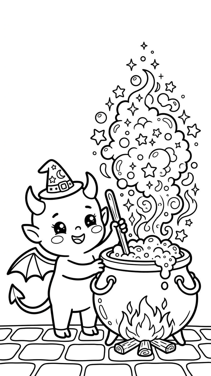 Coloriage diable devant un chaudron magique plein de bulles et d'étoiles