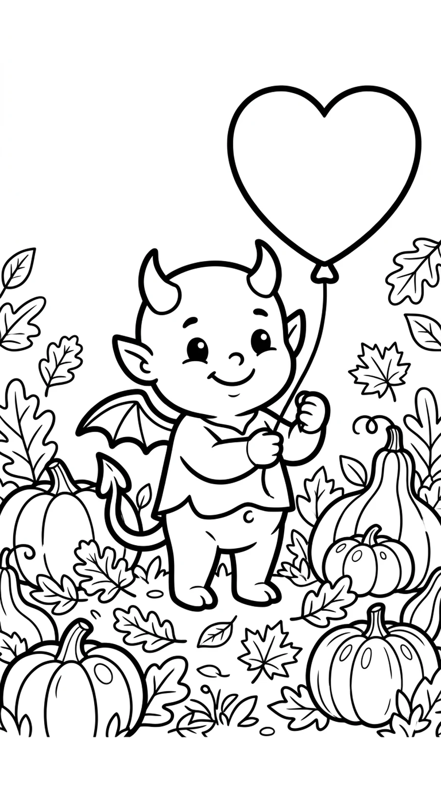 Coloriage diable tenant un ballon en forme de cœur parmi les citrouilles