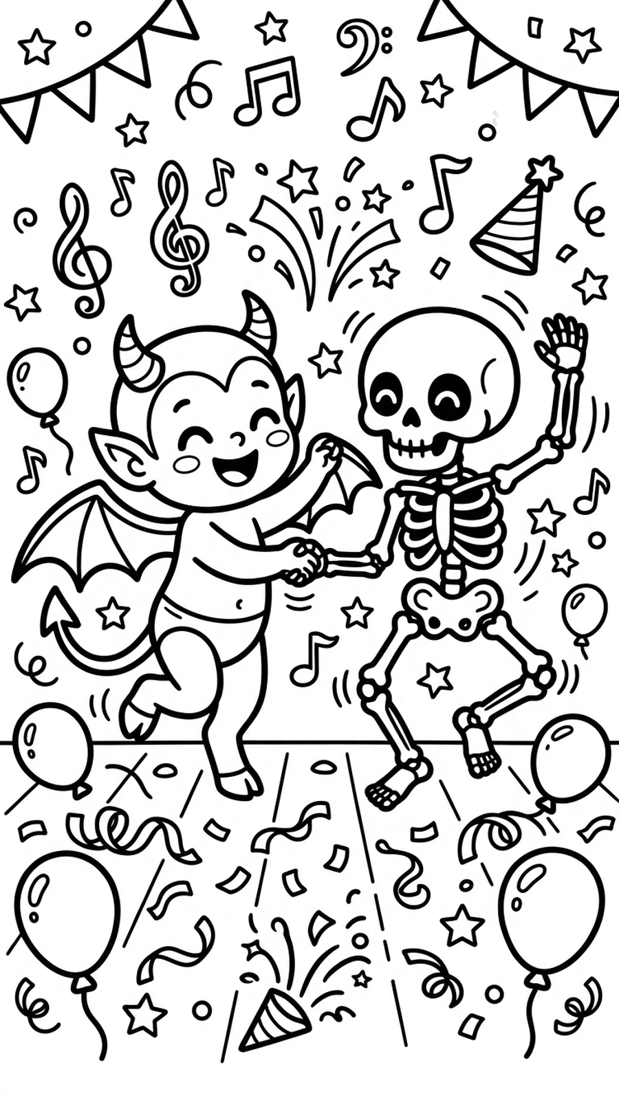 Coloriage diable qui danse avec un squelette, fête d'Halloween à colorier