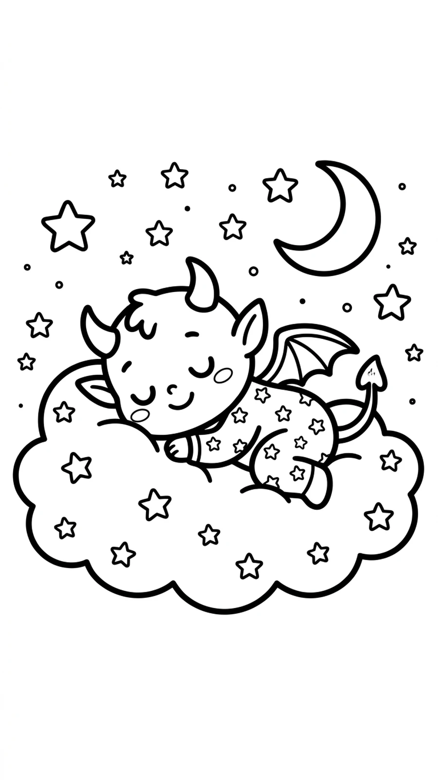 Coloriage diable endormi sur un nuage sous la lune et les étoiles
