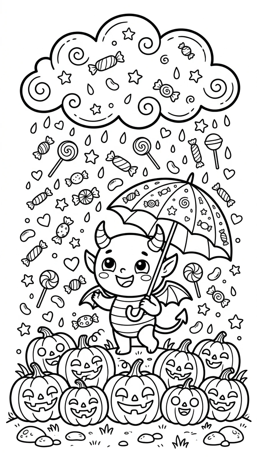 Coloriage diable sous un parapluie pendant une pluie de bonbons d'Halloween