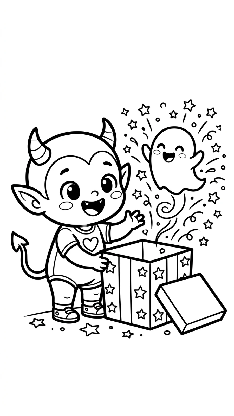 Coloriage diable ouvrant un cadeau surprise d'où sort un petit fantôme