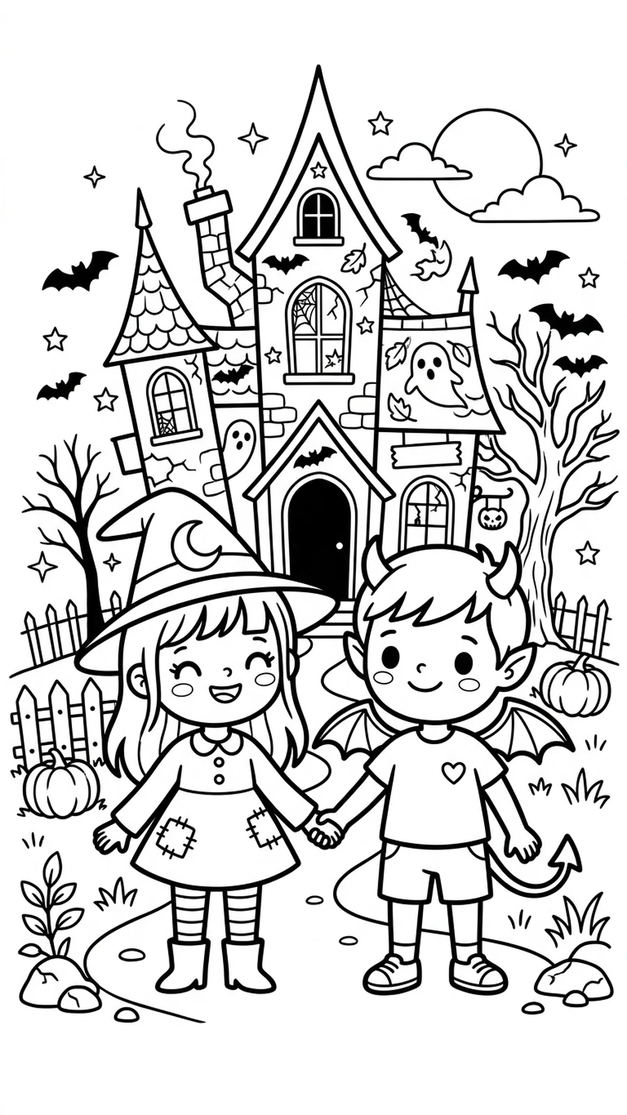 Coloriage diable et son amie sorcière se tenant la main devant la maison hantée