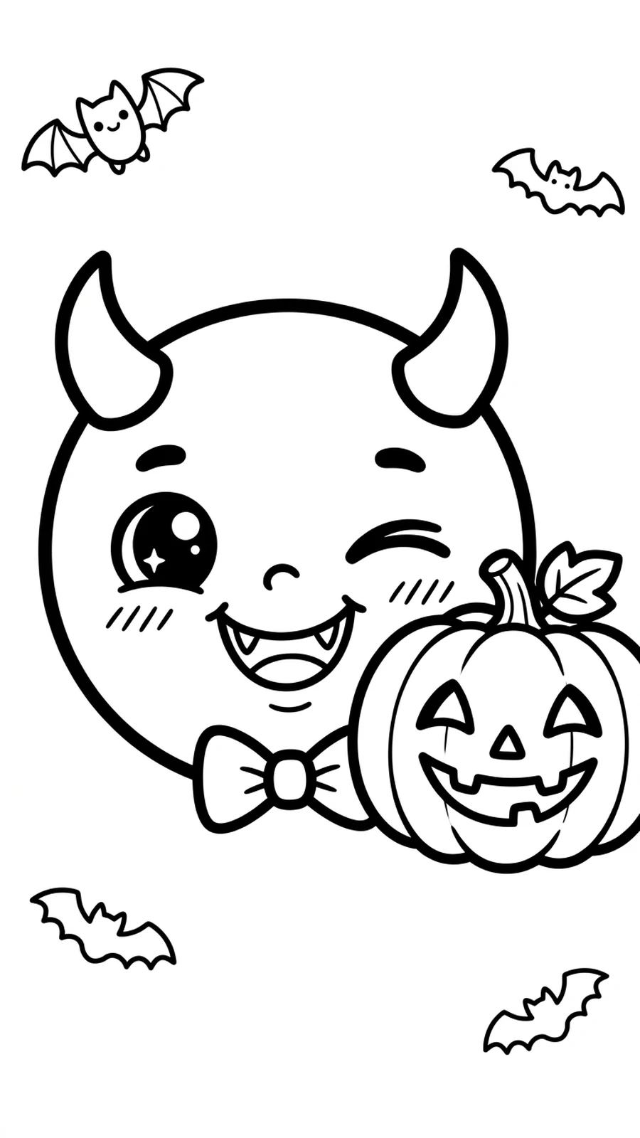 Coloriage gros plan d'un petit diable qui fait un clin d'œil à côté d'une citrouille