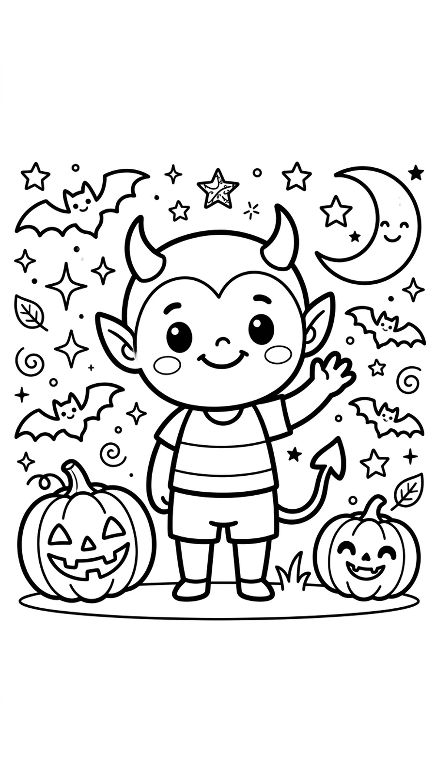 Coloriage diable qui salue entouré de citrouilles et de chauves-souris, joyeux Halloween