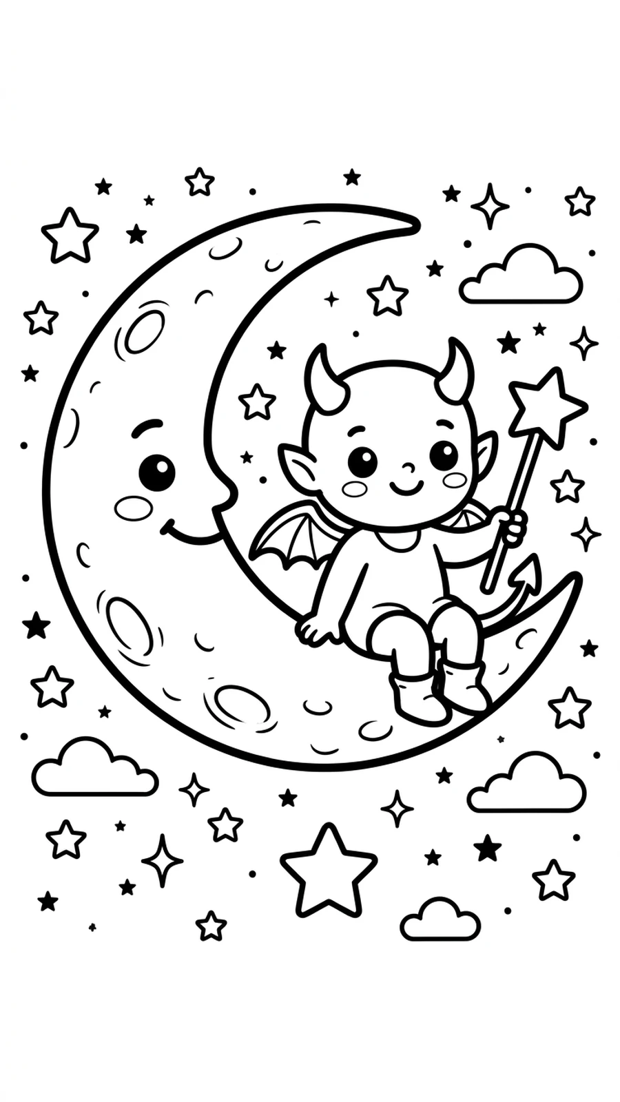 Coloriage diable assis sur un croissant de lune avec une baguette étoile, page rêveuse