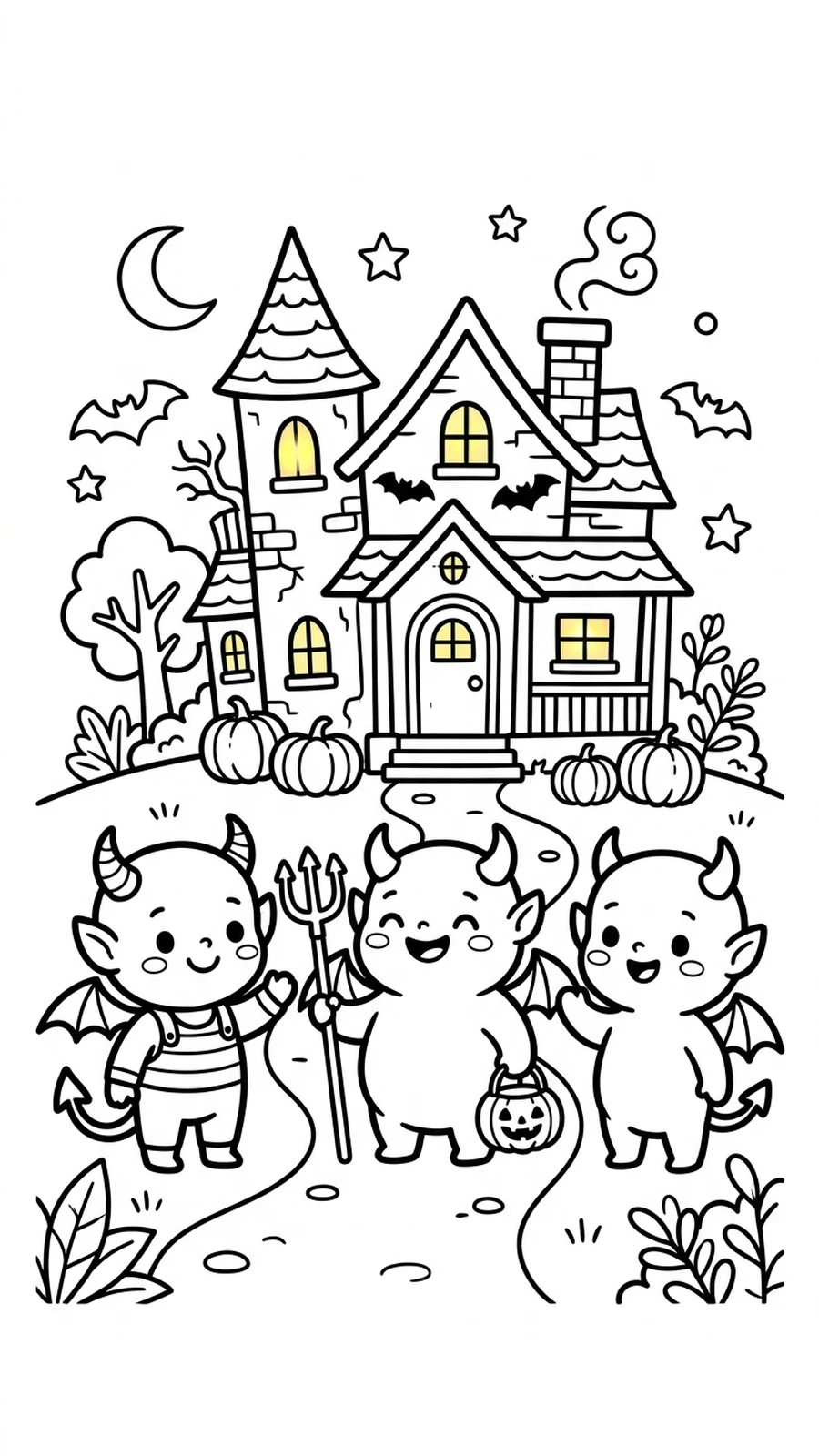 Coloriage trois petits diables devant une maison hantée, dessin Halloween pour enfants