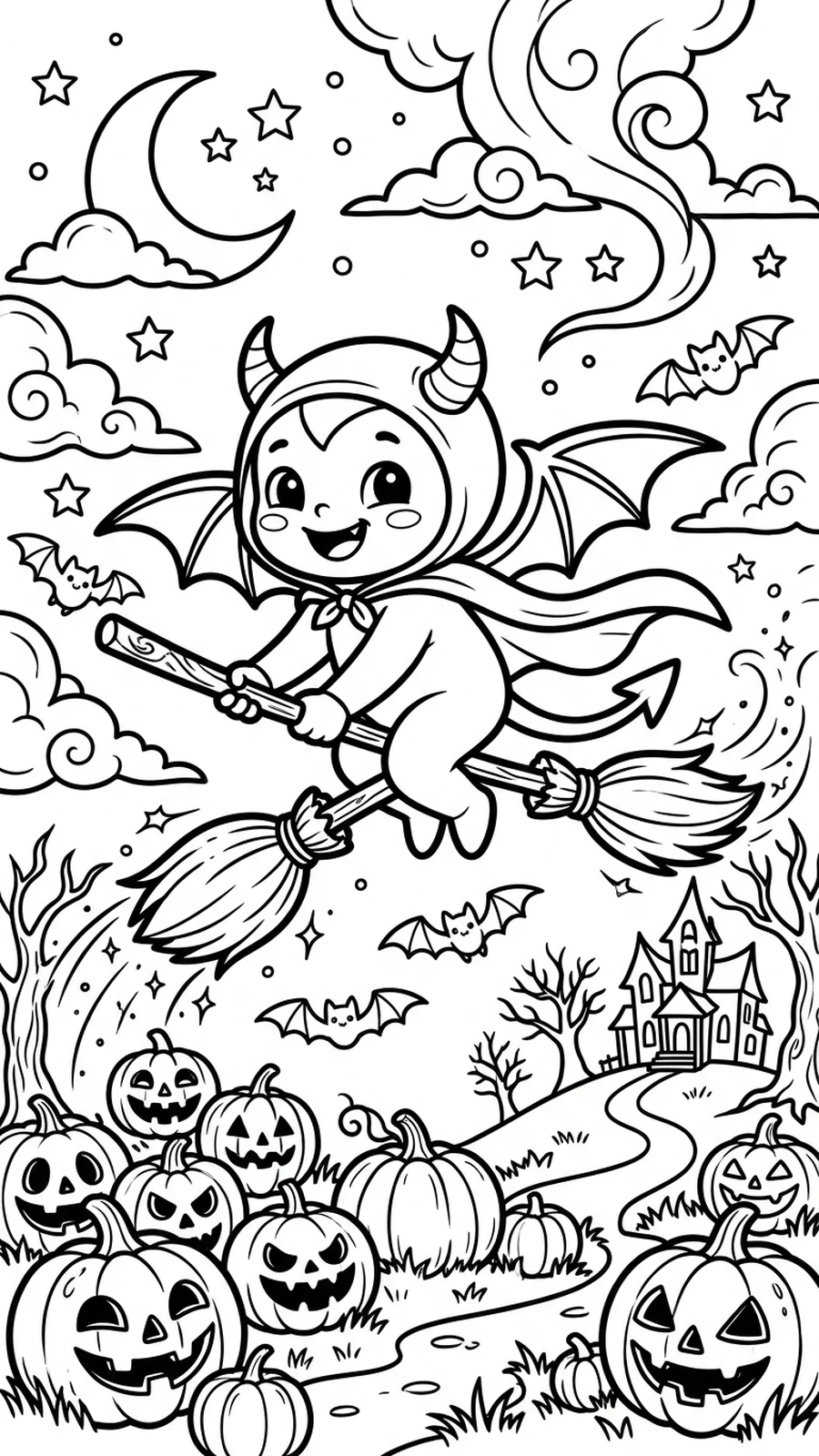 Coloriage diable sur un balai magique survolant des citrouilles, à imprimer gratuitement
