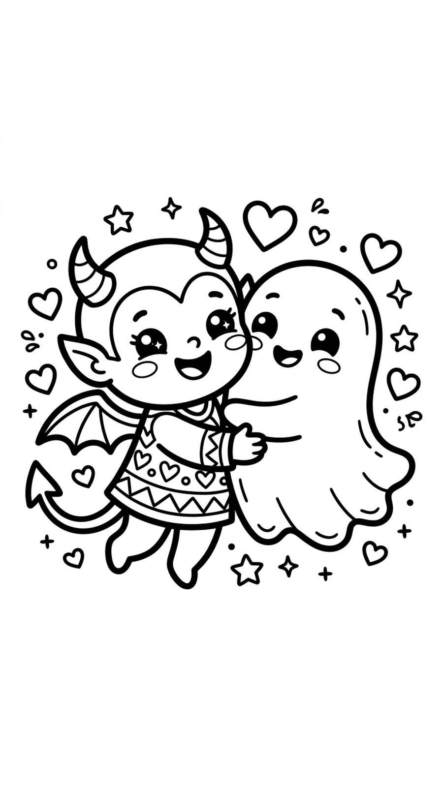 Coloriage diable qui fait un câlin à un gentil fantôme, dessin mignon d'Halloween