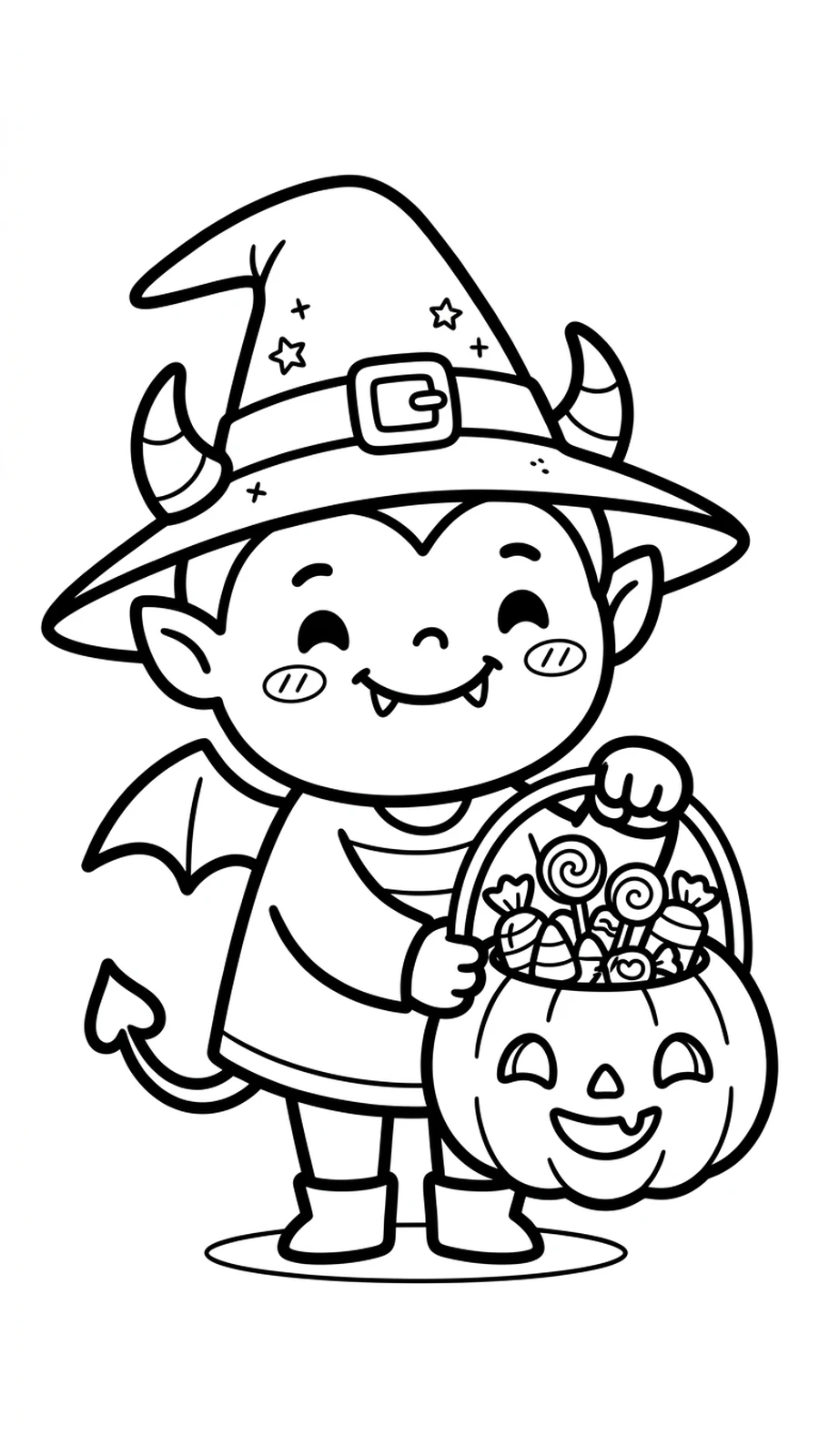 Coloriage diable avec un chapeau de sorcière et un seau citrouille plein de bonbons