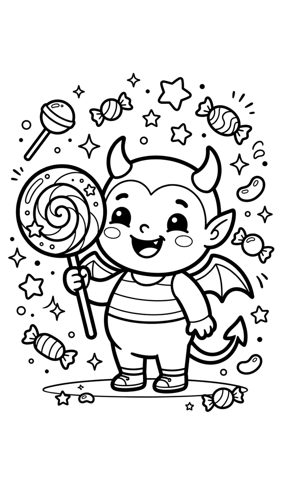 Coloriage diable joyeux avec une grande sucette, page kawaii gratuite à colorier