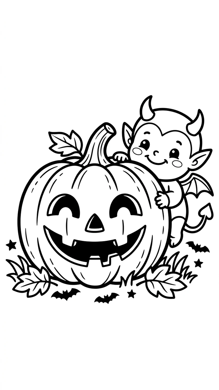 Coloriage diable qui se cache derrière une grande citrouille souriante d'Halloween
