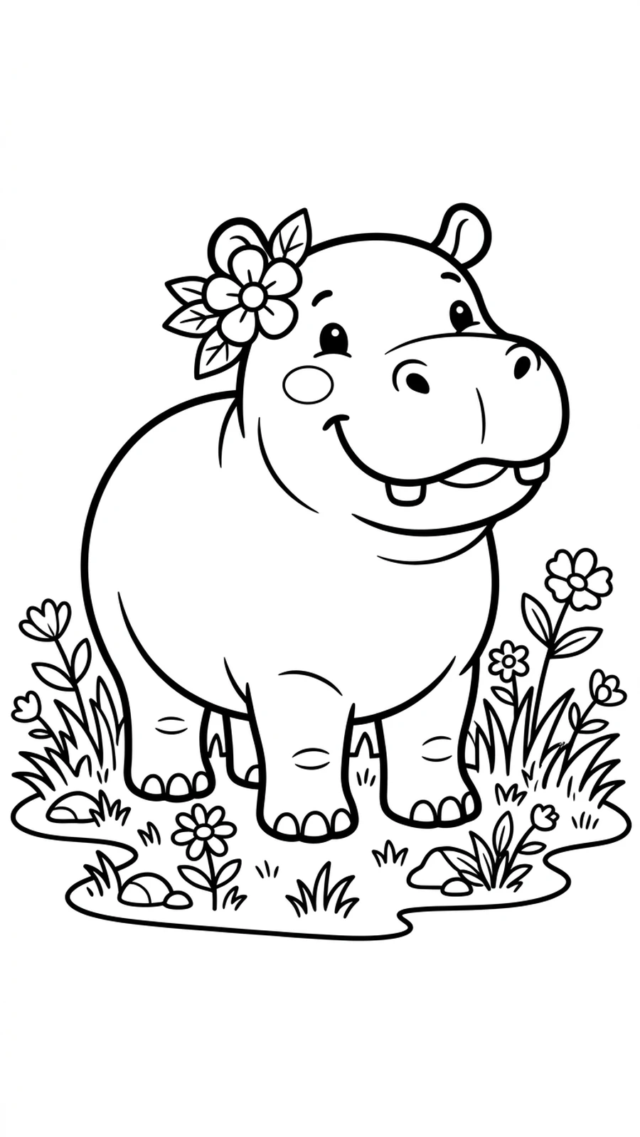 Coloriage hippopotame kawaii debout avec une fleur derrière l'oreille, herbe et fleurs autour