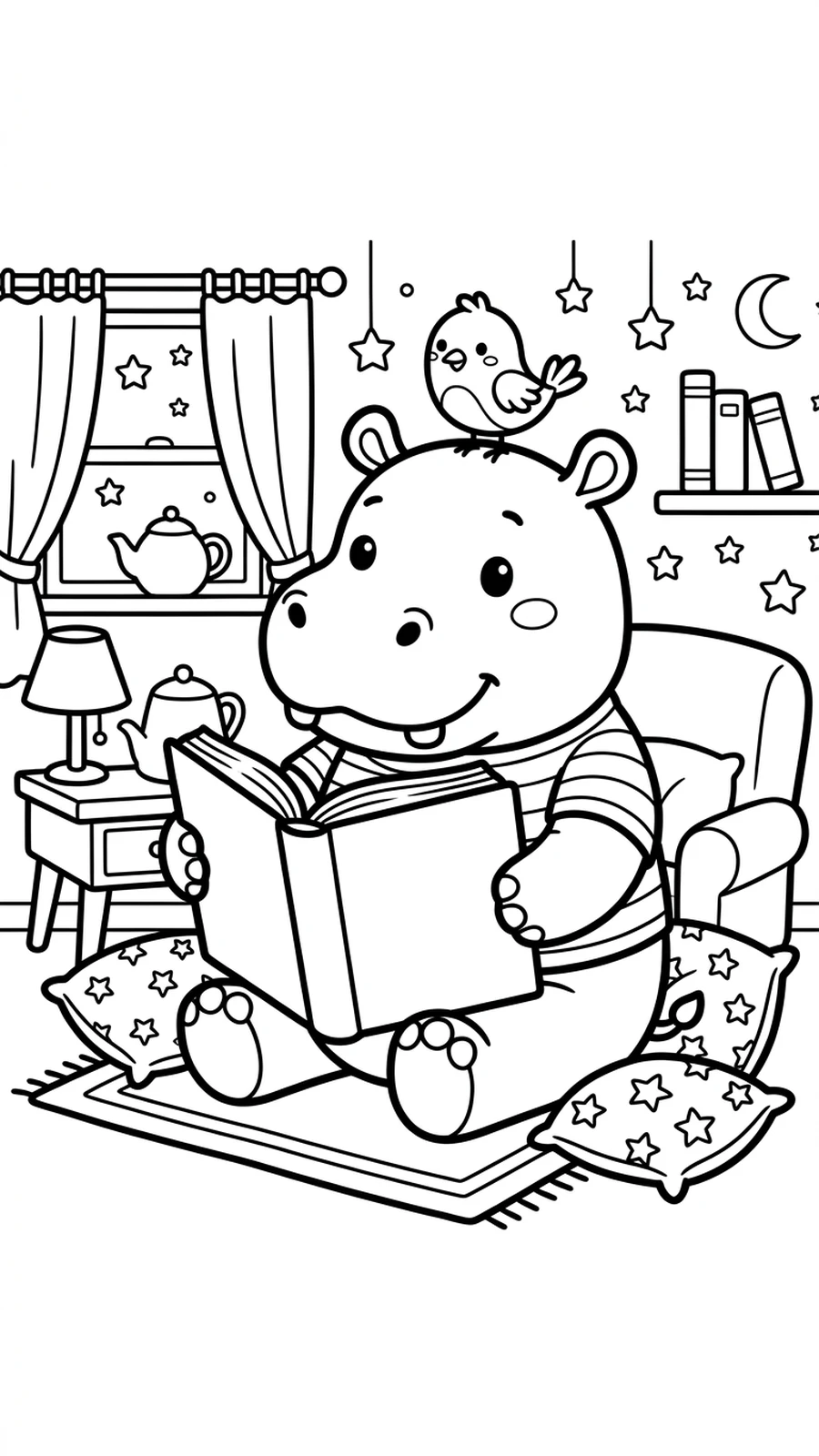 Coloriage hippopotame qui lit un livre avec un petit oiseau posé sur sa tête, scène cosy