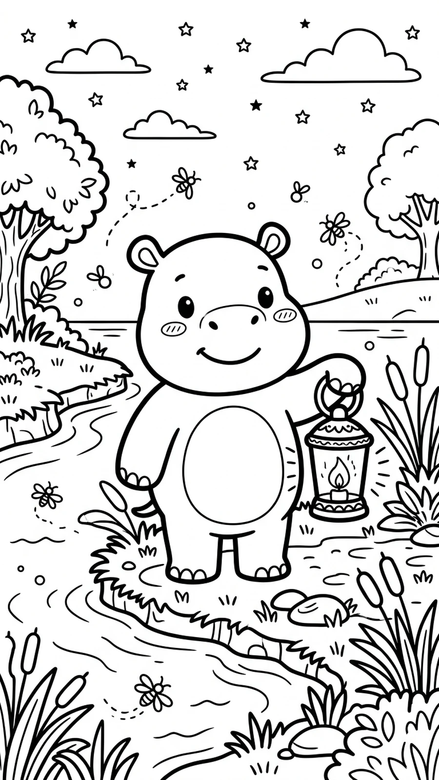 Coloriage hippopotame tenant une lanterne au bord de la rivière au crépuscule, lucioles et étoiles