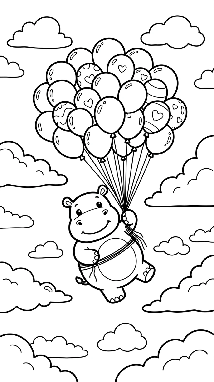 Coloriage hippopotame porté par un bouquet de ballons dans le ciel, nuages autour