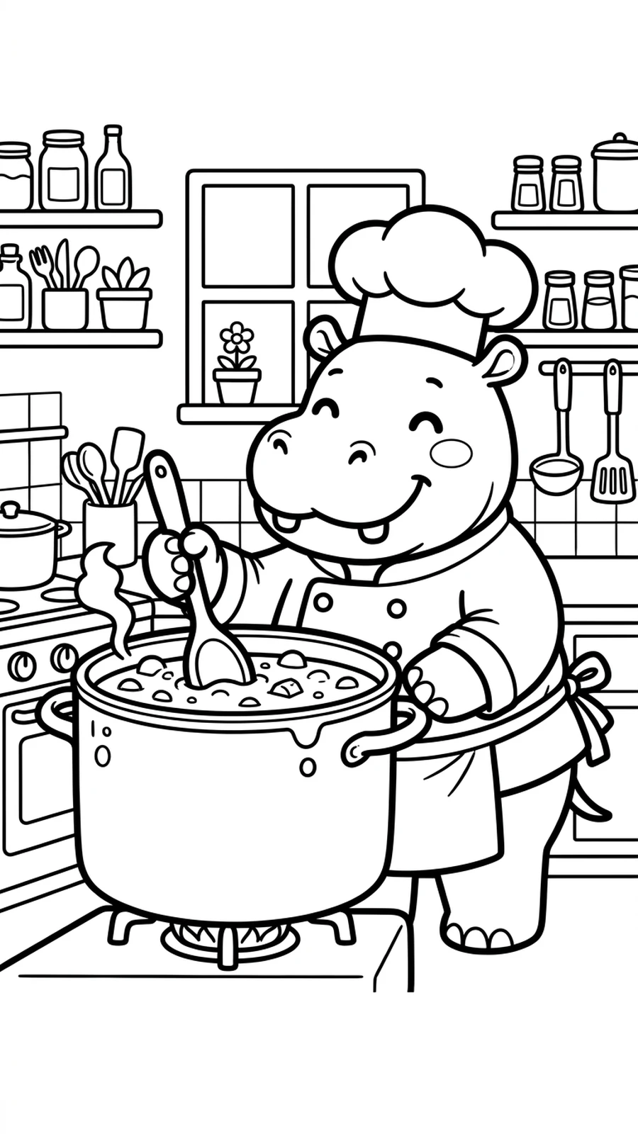 Coloriage hippopotame chef avec une toque remuant une grande marmite de soupe, cuisine à colorier