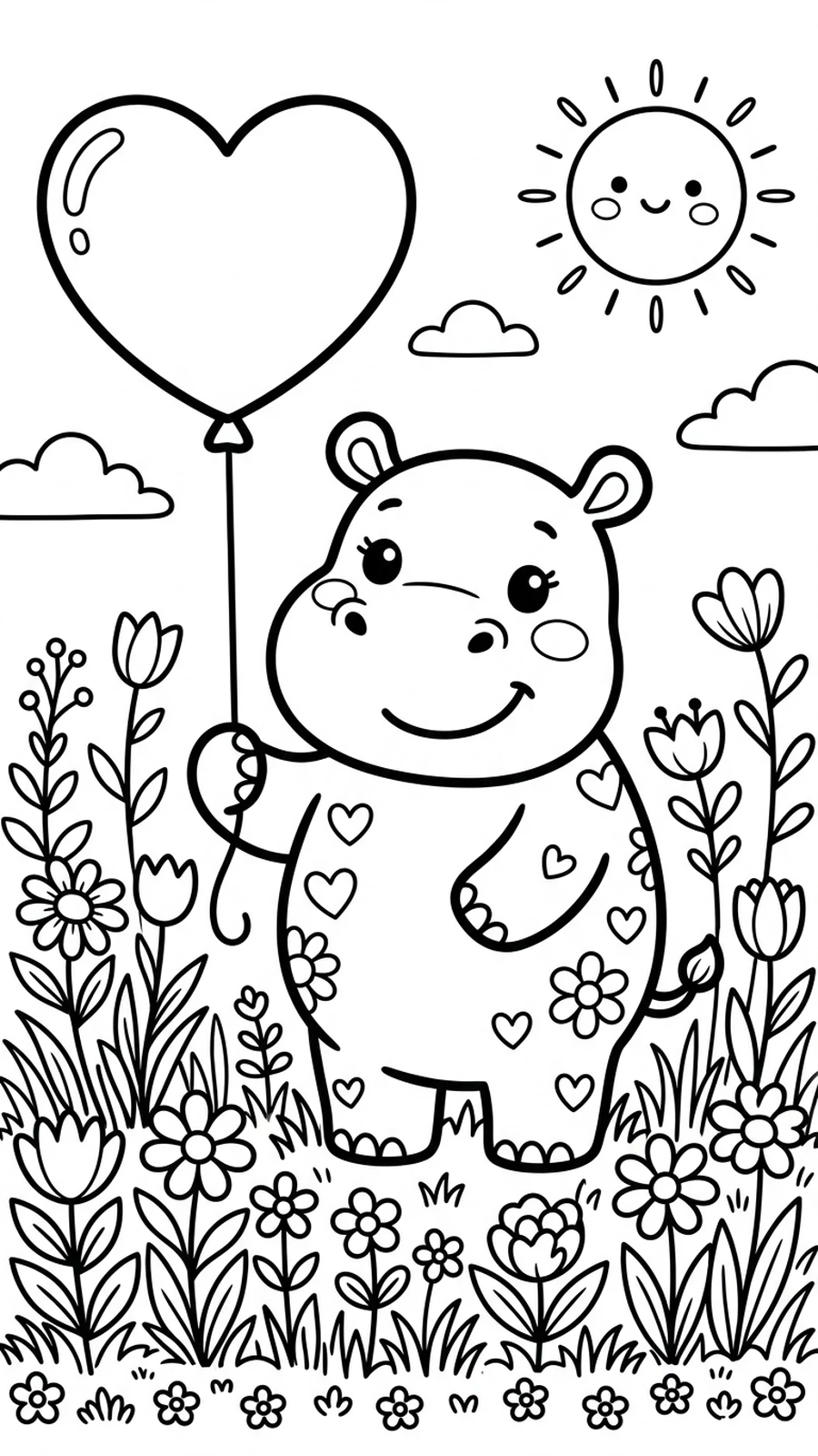 Coloriage hippopotame tenant un ballon en forme de cœur dans une prairie de fleurs, soleil souriant