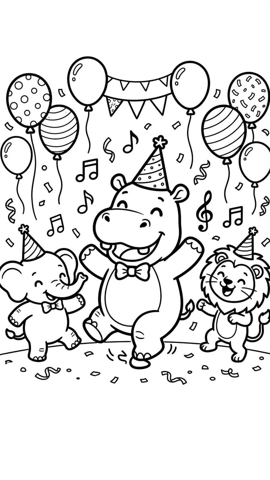 Coloriage fête d'hippopotame avec un éléphant et un lion, ballons et notes de musique