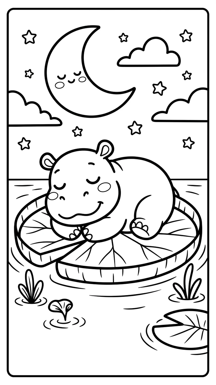 Coloriage hippopotame endormi sur un nénuphar géant sous un croissant de lune et les étoiles