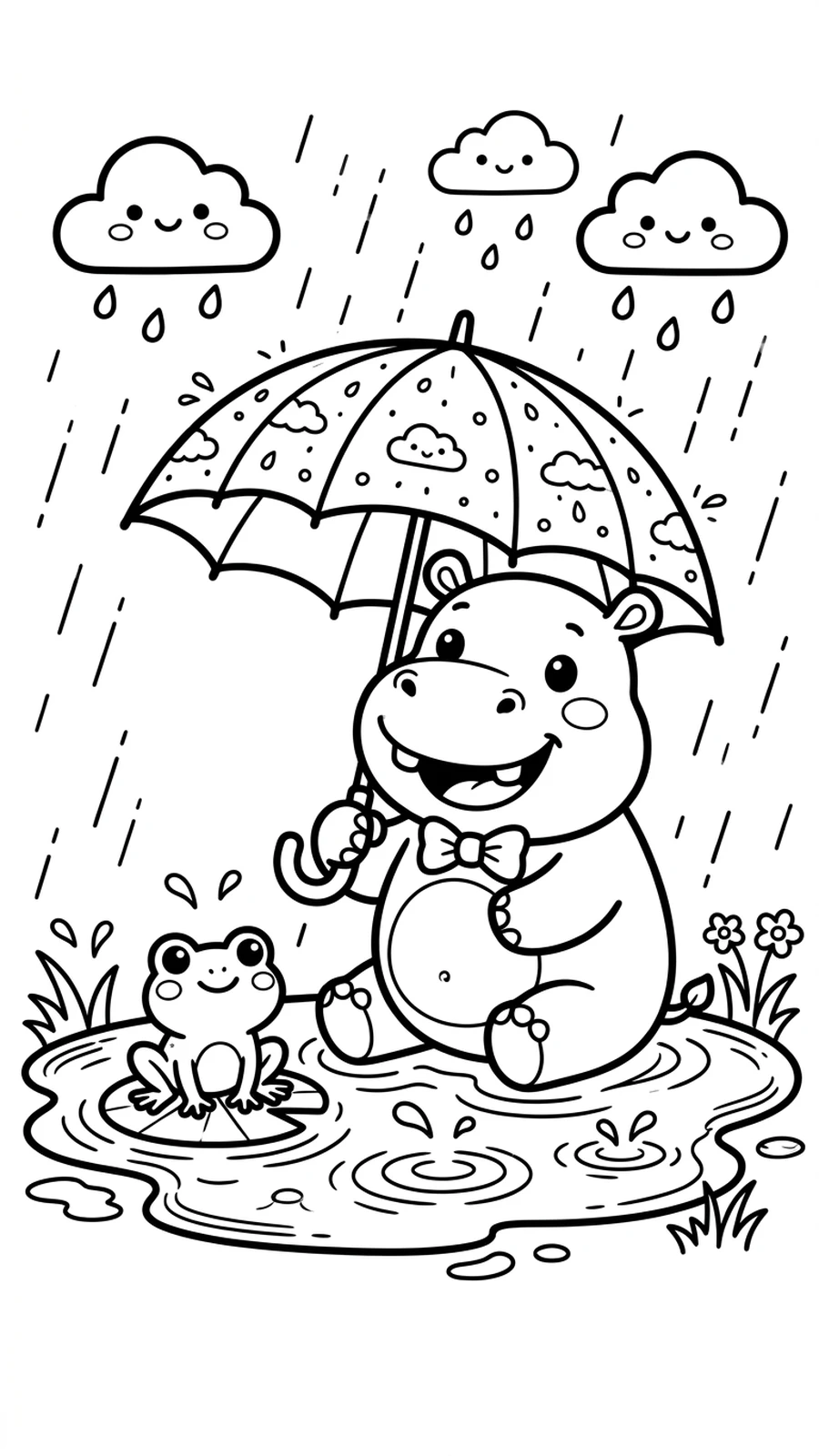 Coloriage hippopotame sous un parapluie sous la pluie avec une petite grenouille, flaques d'eau