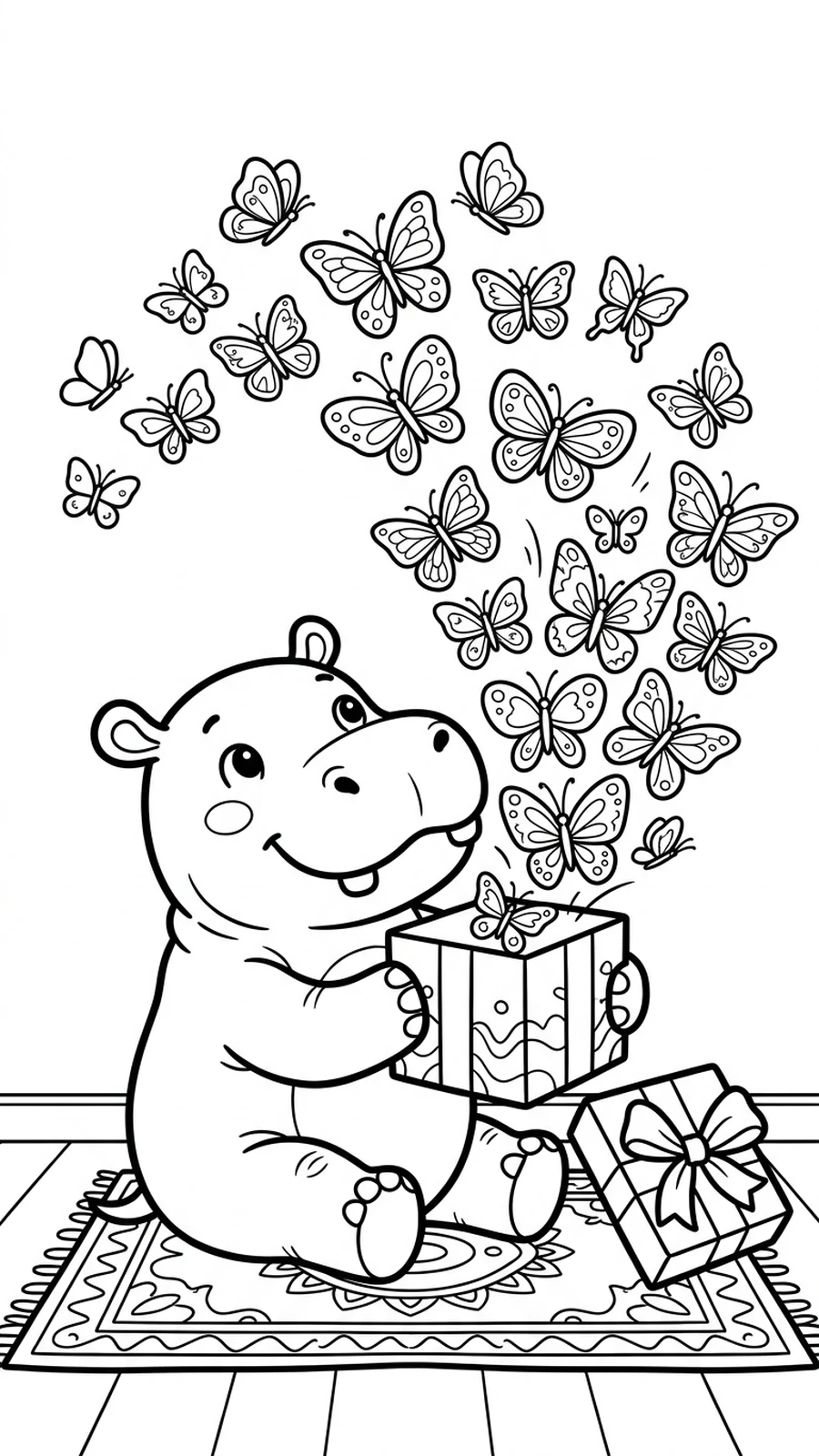 Coloriage hippopotame ouvrant un cadeau d'où s'envolent des papillons, scène surprise