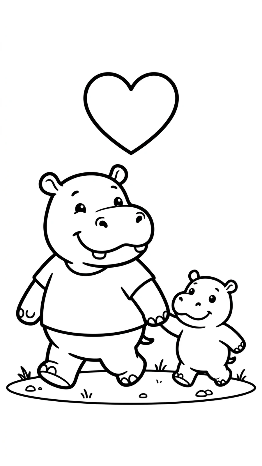 Coloriage hippopotame adulte et bébé hippopotame se tenant la main, un cœur au-dessus d'eux