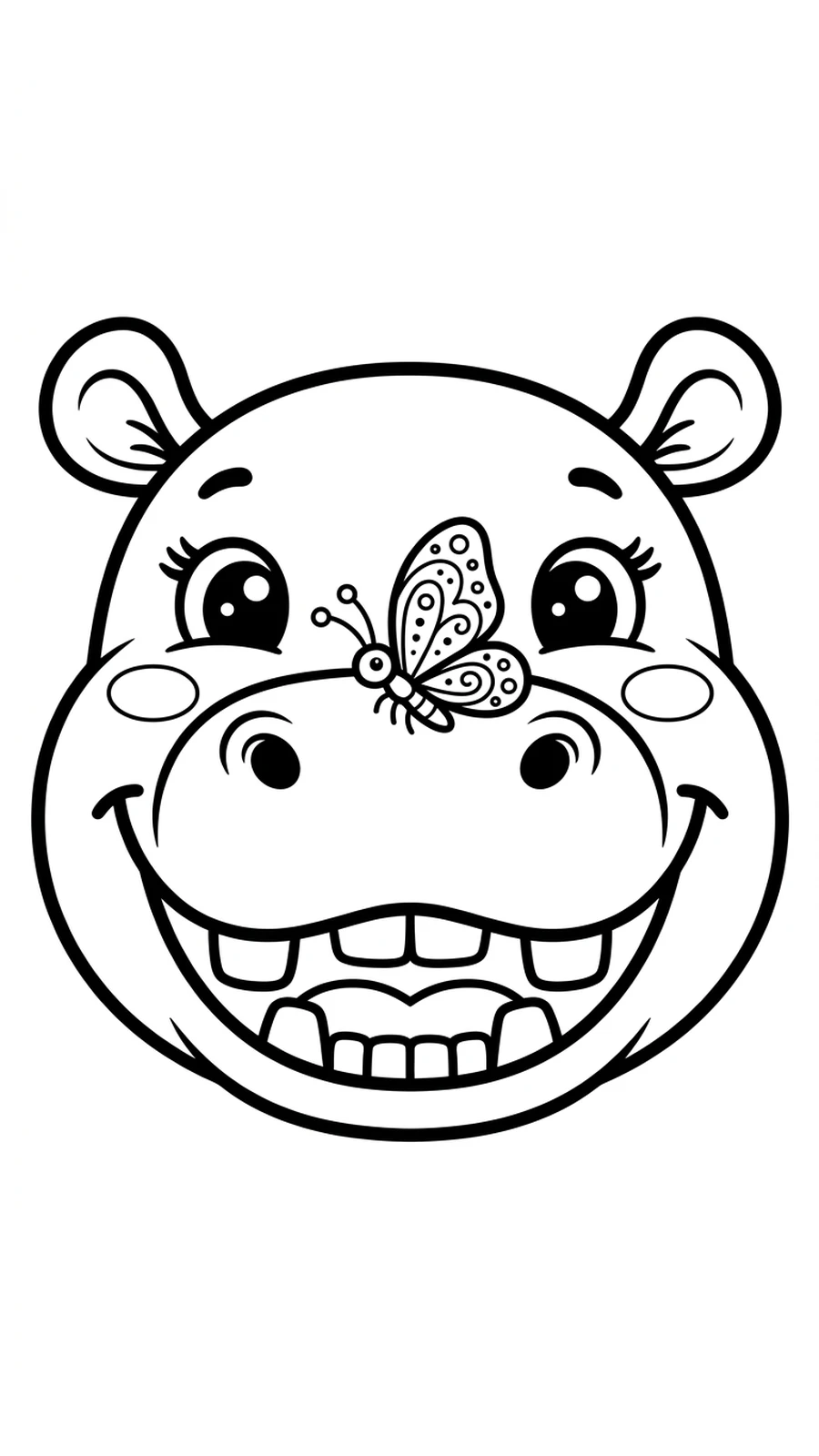 Coloriage gros plan d'un visage d'hippopotame souriant aux grandes dents, papillon posé sur son nez