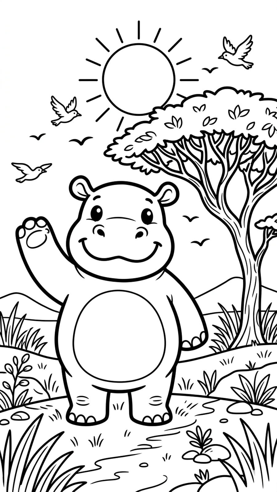 Coloriage hippopotame qui fait signe de la main dans la savane, arbre acacia, soleil et oiseaux
