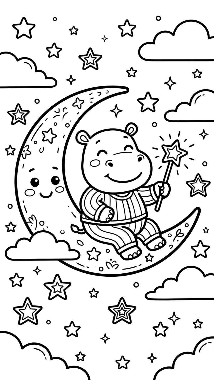 Coloriage bébé hippopotame en pyjama assis sur un croissant de lune avec une baguette étoile