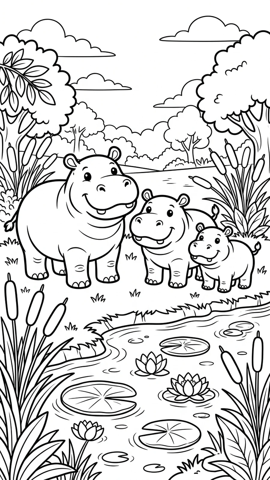 Coloriage trois hippopotames au bord d'une rivière avec nénuphars et roseaux, scène de groupe