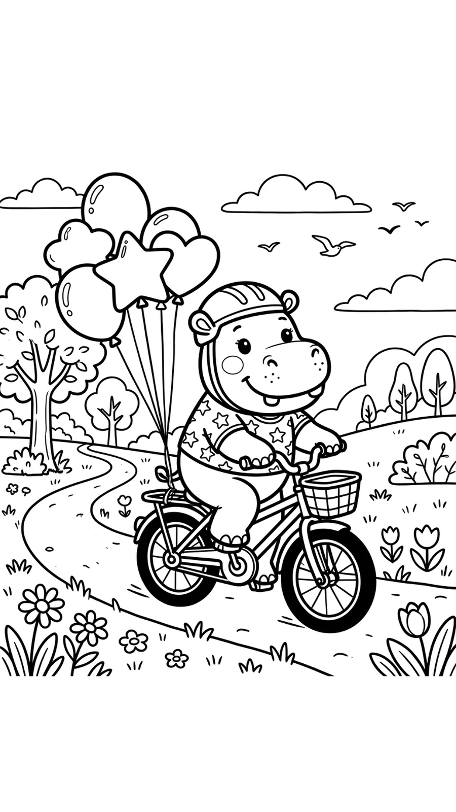 Coloriage hippopotame à vélo avec des ballons attachés, chemin fleuri et arbres autour
