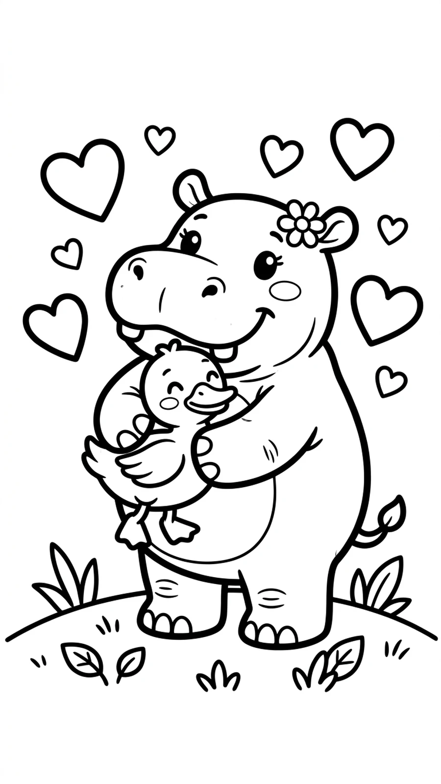 Coloriage hippopotame qui fait un câlin à un petit canard, cœurs flottant autour d'eux