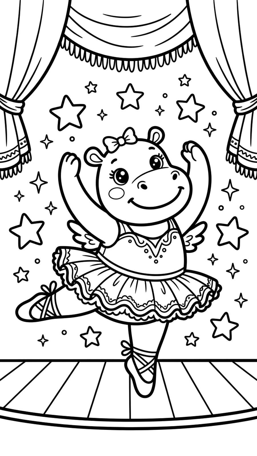 Coloriage hippopotame ballerine en tutu dansant sur une scène, étoiles autour
