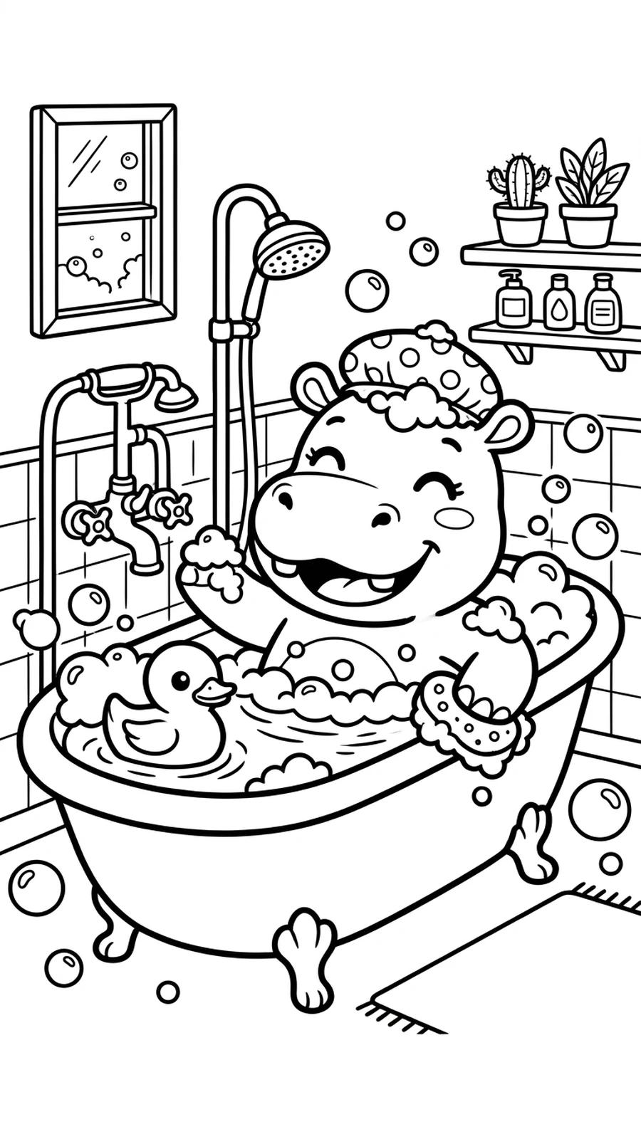Coloriage hippopotame dans un bain moussant avec un canard en plastique, salle de bain à colorier