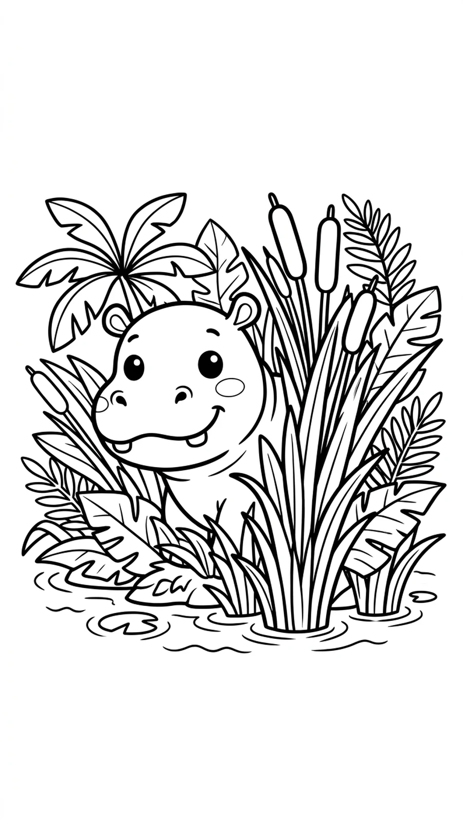 Coloriage hippopotame qui se cache parmi les roseaux et les plantes au bord de l'eau