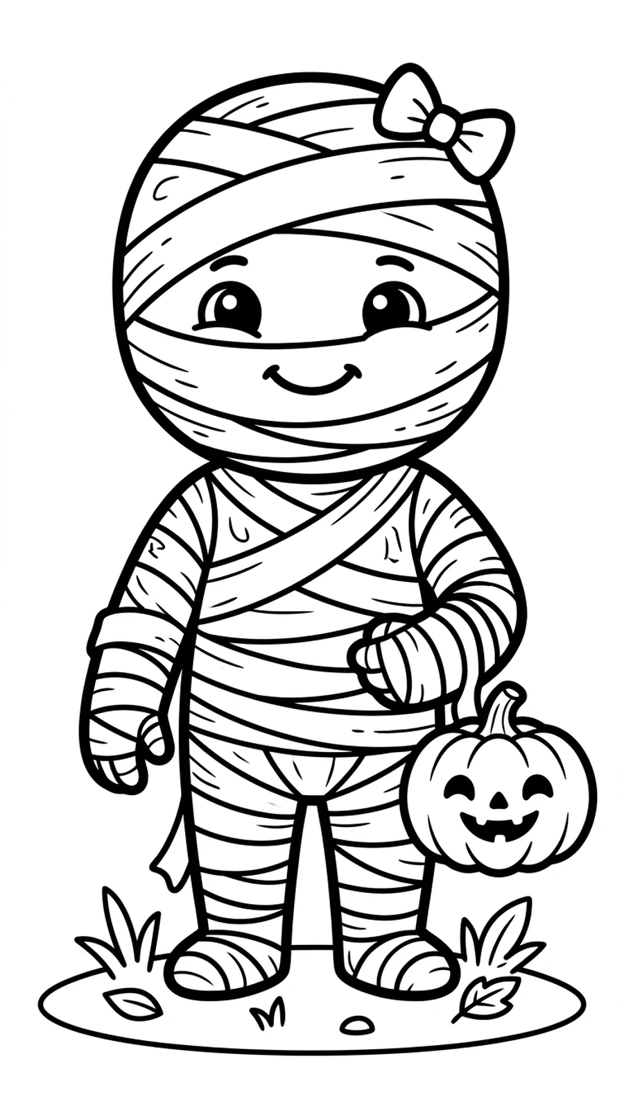 Coloriage momie kawaii souriante tenant une petite citrouille, dessin Halloween à imprimer