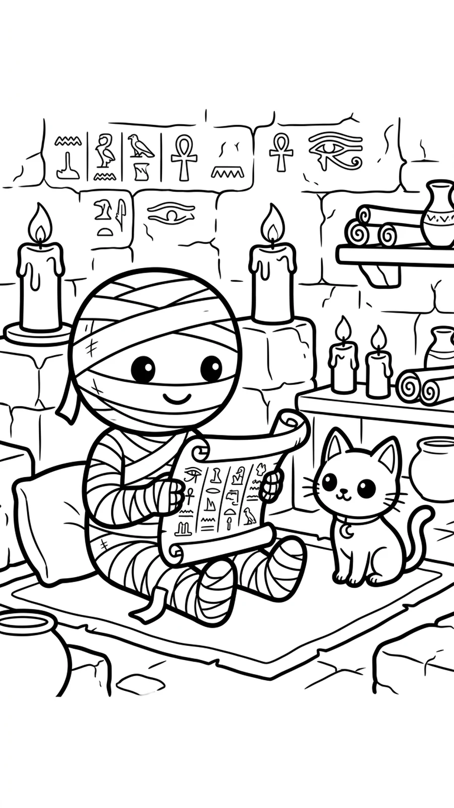 Coloriage momie lisant un papyrus ancien avec son chat noir, dessin facile à colorier