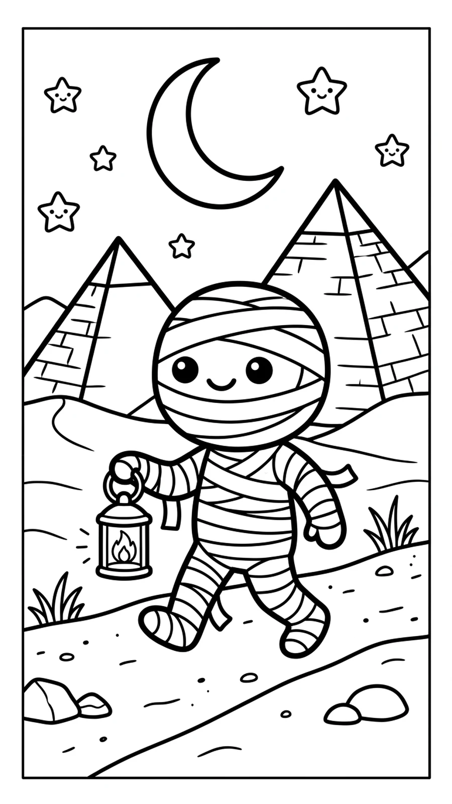 Coloriage momie tenant une lanterne entre les pyramides sous un croissant de lune