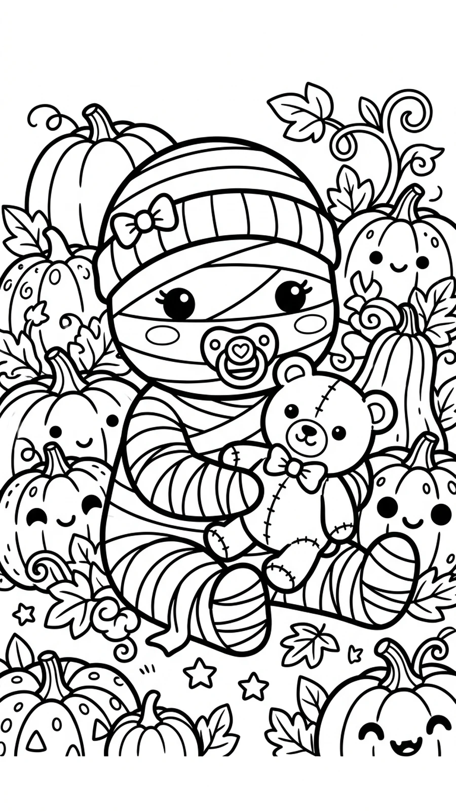 Coloriage bébé momie avec une tétine et son nounours assis parmi les citrouilles