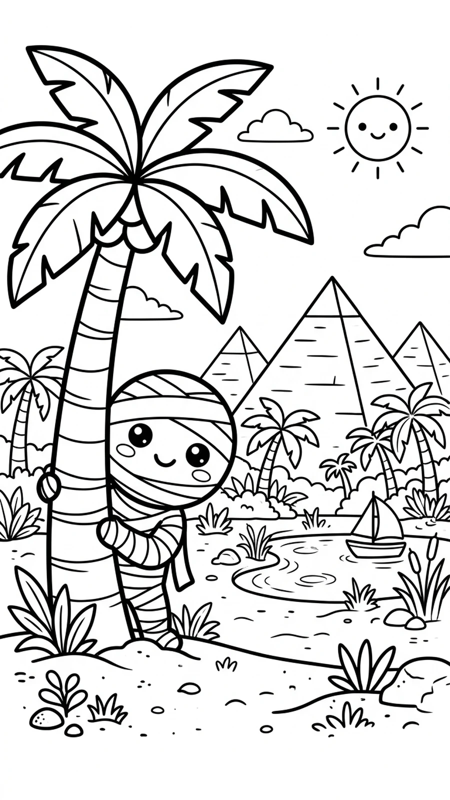 Coloriage momie qui se cache derrière un palmier près d'une oasis et des pyramides